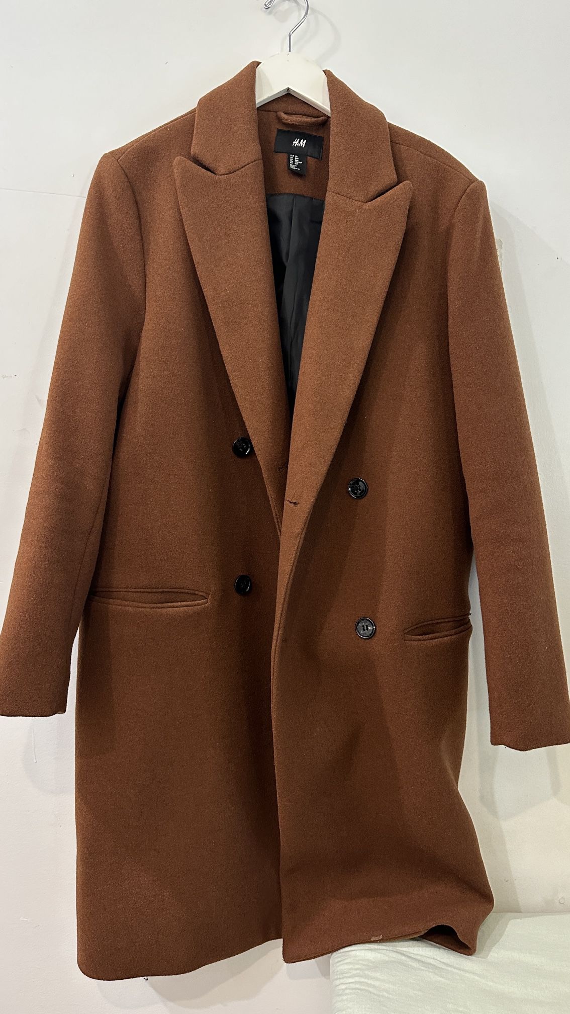 H&M Men’s Wool Coat Brown Rain Trench Peacoat Buttoned Double Breast Size 36R