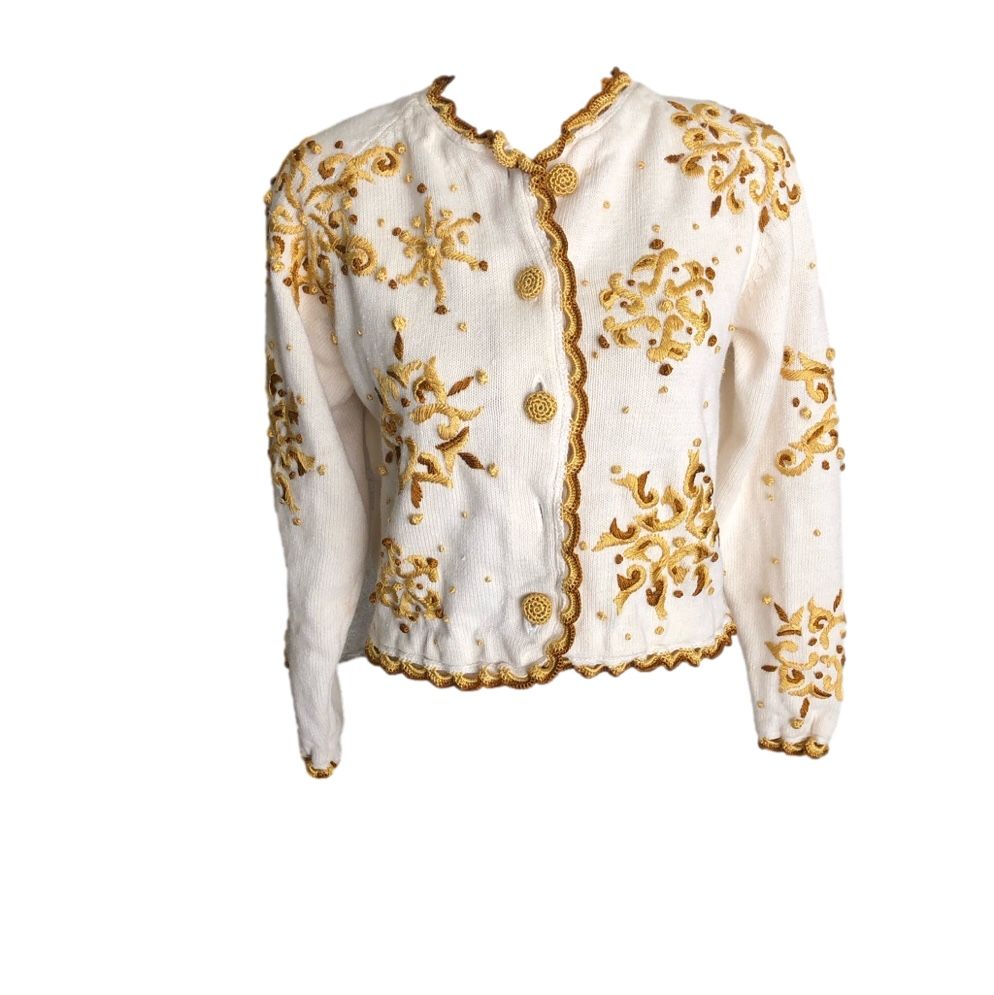 Express Tricot Vintage Knit Cream Embroidered Long Sleeve Cardigan Sweater