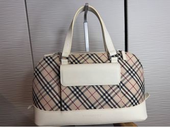 Beige Check Satchel with Cream Leather Trim