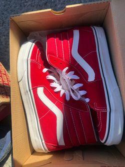 Title: Vans Sk8-Hi Racing Red White High Tops – Men’s 7.5