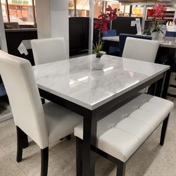 5 Pcs Dining Set White And Black 3 Chairs Bench And Table 