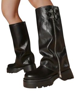 black NWOB black leather overlap boots with think sole sz 8.5