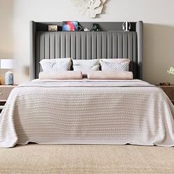 Queen Size Platform Bed Frame with USB Charging Station and Storage Shelf/Upholstered Velvet Wingback Headboard/Wooden Slats Support/No Box Spring Nee