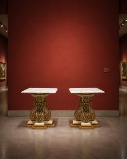 Pair of Signed 1970 Fuggiti Studios Hollywood Regency Gilt Pedestal Tables With Marble Tops