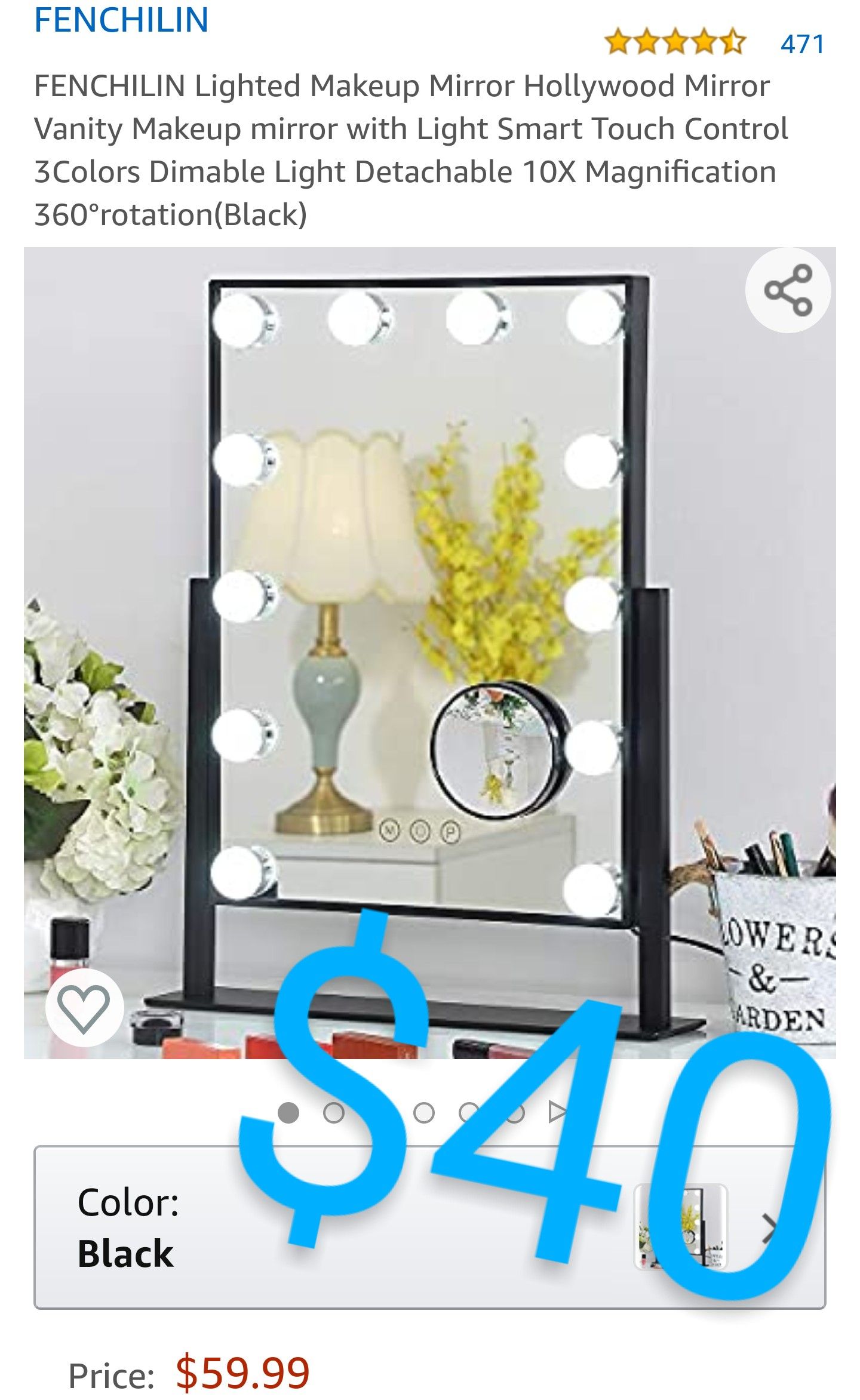 FENCHILIN 4.6 out of 5 stars  471Reviews FENCHILIN Lighted Makeup Mirror Hollywood Mirror Vanity Makeup mirror with Light Smart Touch Control