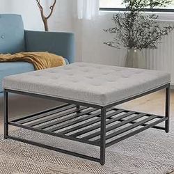 K352 $80 Large Square Ottoman Coffee Table with Storage, 36" Upholstered Footrest Ottoman for Living Room, White Linen Fabric Center Table Modern Far