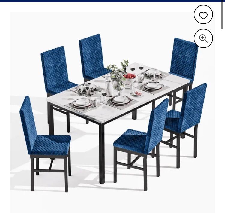 7 Piece Dining Table Set for 6, Faux Marble Kitchen Table with 6 Velvet Chairs, Modern Dining Room Table Set for Small Space, Living Room, Apartment,