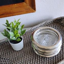 Vintage Crystal Glass Silverplate Coasters Set Of 4