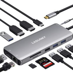 Lasuney USB C Docking Station, 12 in 1 USB C Dock with 2 HDMI & DP, PD3.0, Ethernet, SD TF Card Reader, 4 USB Ports, Mic/Audio, Type C Hub Adapter Don
