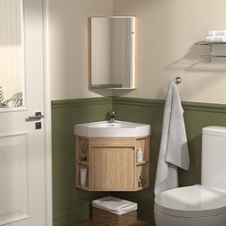 18 Inch Wall Mount Corner Bathroom Vanity with Matte Solid Surface (Light Oak)