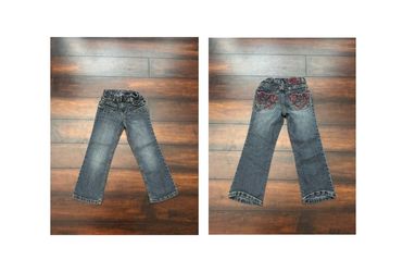 Little Girls Clothes Dark Wash Denim Jeans With Cute Embroidered Heart Patches At The Back Pockets Size 6T/6X