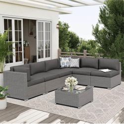 Oakcloud 7-Piece Outdoor Grey Rattan Wicker Sectional Conversation Sets Patio Furniture Sofa Set