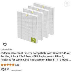  C545 Replacement Filter S Compatible with Winix C545 Air Purifier, 4 Pack C545 True HEPA Replacement Filter S, Replaces for Winix C545 Replacement Fi