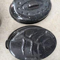 Vintage Black White Speckled Enamel Oval Roasting Pan With Lid