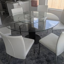 CIRCULAR 60"GLASS,CHROME,AND LEATHER DINING ROOM SET FOR 6