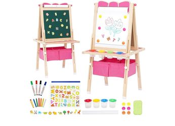 Kids Wooden Easel, All-in-one Toddlers Easel Double Sided Standing Whiteboard Blackboard Children Art Easel with Storage, Height Adjustable Pink Drawi