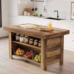 JW1252AB 55 Inches Kitchen Island with Storage, 3-Tier Farmhouse Wooden Stationary Island Table with Large Worktop & Leg Room, Modern Coffee Bar Table