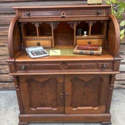 Antique Victorian Cylinder Roll-Top Secretary Desk – Burl Walnut & Oak – Circa 1880s 