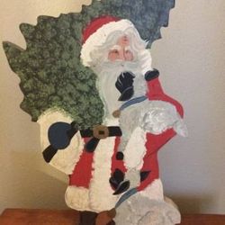 Hand Painted Lg Wood 16" Tall Santa Carrying Christmas Tree w/ 2 Lambs