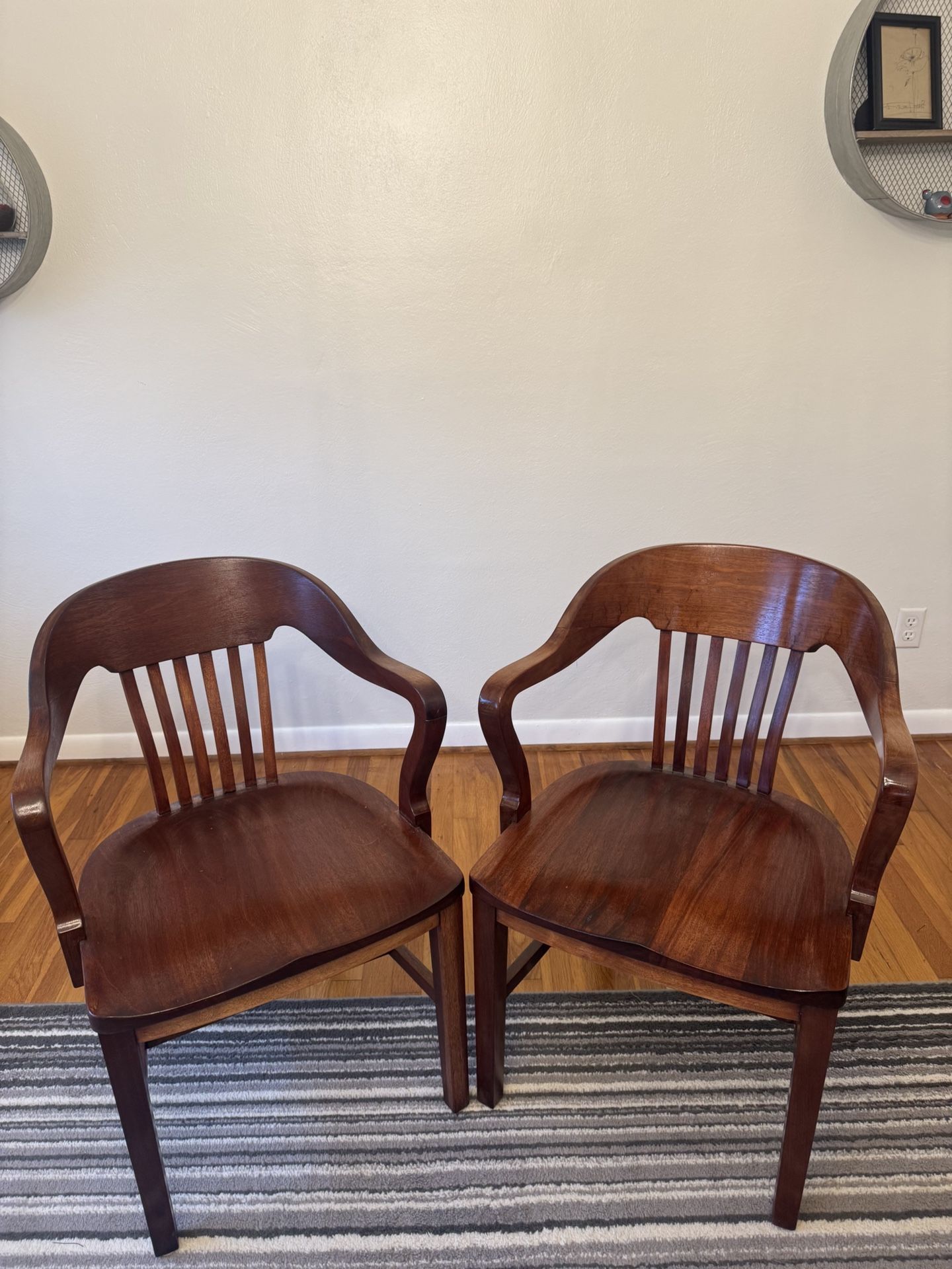 Set Of 2 Solid Wood Antique Bank Chairs