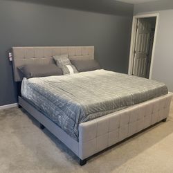Beige King Bed Frame With Mattress Set