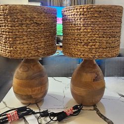 Set of 2 World Market Woven Rattan Table Lamps with Wooden Base – Mix & Match Shade
