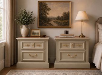 Olive/Sage Green Nightstand Set with Toasted Oak Tops & Brass Hardware