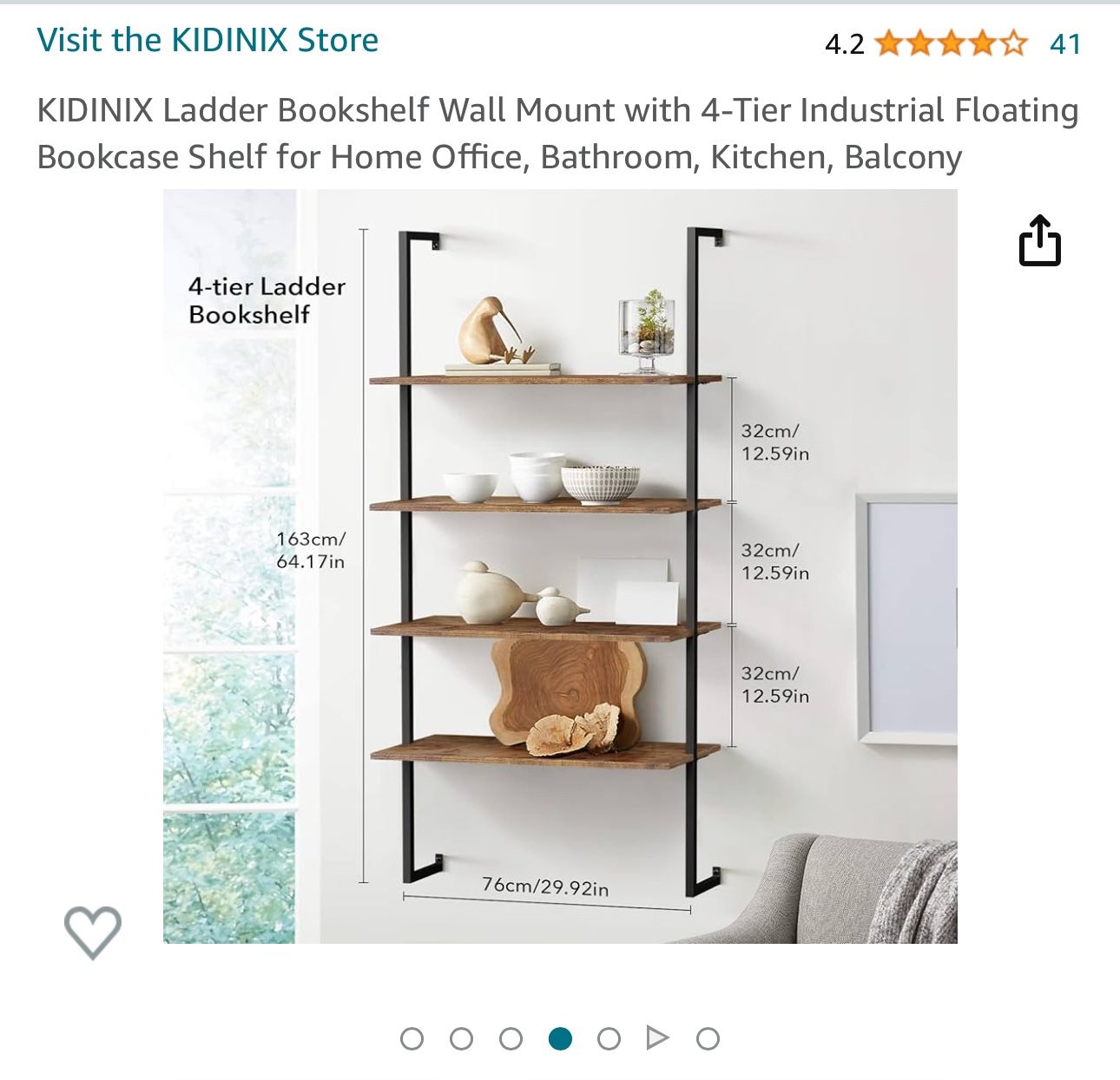 Ladder Bookshelf Wall Mount with 4-Tier Industrial Floating Bookcase Shelf for Home Office, Bathroom, Kitchen, Balcony
