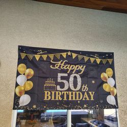 2- 50th birthday black and gold banners