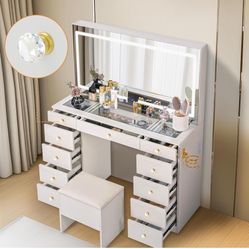 Pamapic Glass Top Vanity Desk with Crystal Handles, 11 Drawers Makeup Vanity with Mirror and Stool, 3 Lighting Modes Dressing Table, Power Outlet, Sil