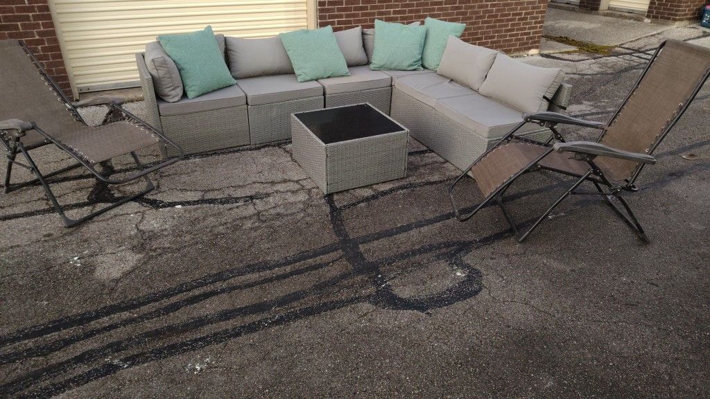 Outdoor Sectional W/ 2 Chairs and 2 Glass Top Tables