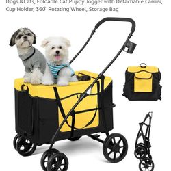 1752 Dog Stroller for Medium Dogs, Portable Pet Stroller for 2 Small Dogs &Cats, Foldable Cat Puppy Jogger with Detachable Carrier, Cup Holder, 360 ̊ 