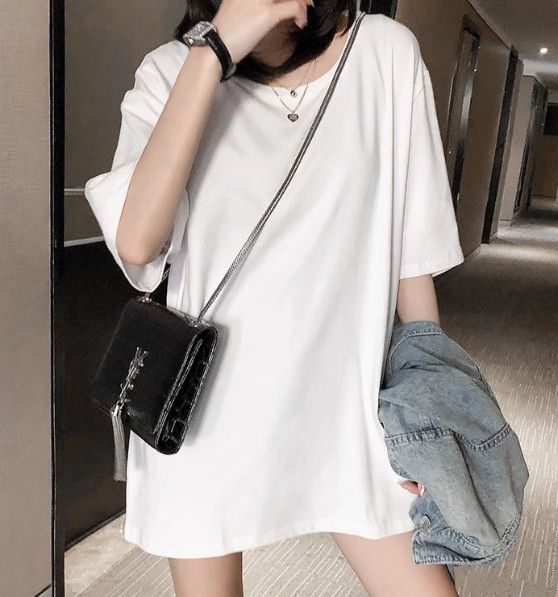 Pure white large-sized T-shirt skirt for women, loose short-sleeved long-style mid-length sleeve, covering the buttocks, pure cotton, covering the low