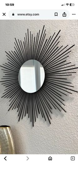 Handmade Wrought Iron Black Sunburst Round Mirror 27.5” In Diameter. The center circle is 8”