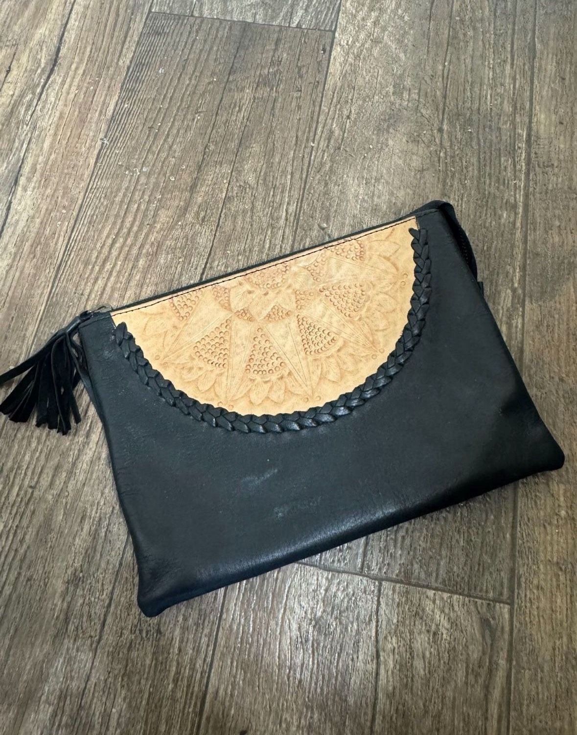 Handmade leather ipad case.  Half Mandala print with black leather. 