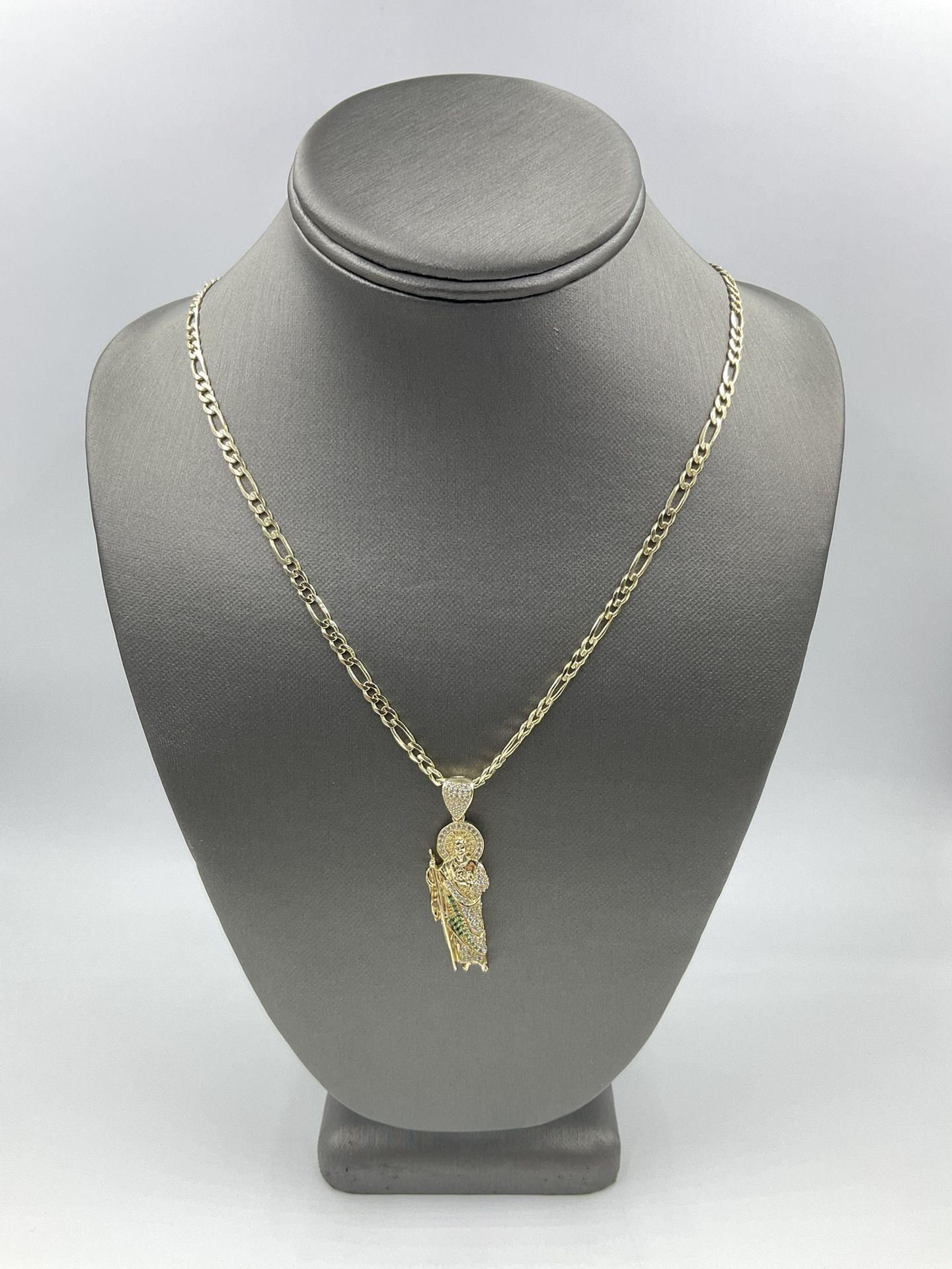 14KT YELLOW GOLD 23” FIGARO LINK CHAIN 3.5MM 14.1GR & 14KT YELLOW GOLD SAN JUDAS CHARM W/ CZS 6.0GR