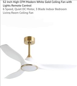 52 Inch High CFM Modern White Gold Ceiling Fan with Lights Remote Control
6 Speed, Quiet DC Motor, 3 Blade Indoor Bedroom Living Room Ceiling Fan