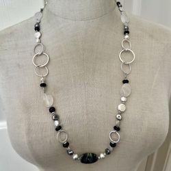 Stella & Dot  Silver Tone  Rock Crystal & Onyx  Freshwater Pearl   Necklace