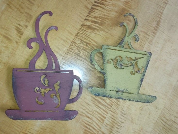 Vtg Metal Art Coffee Tea Cup Picture Signs 12" Tall Farmhouse Wall Decor