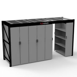 Levrack garage and warehouse storage shelf plus workbench and top pallet shelf