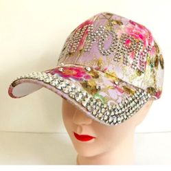 Pink Purple-New York Women Floral Bling Bling Glittering Hat Adjustable Baseball Cap