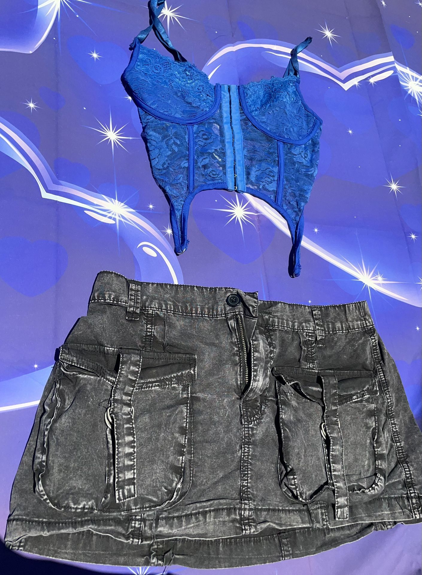 Blue Corset Top & Black Mini Skirt