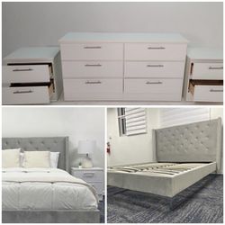 New Queen Grey Nailhead Bed Frame Dresser And Two Nightstands 