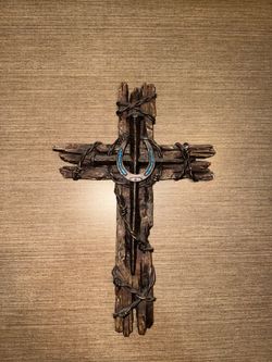 Rustic Wood and Barbed Wire Horseshoe Wall Cross