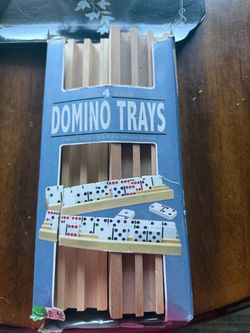 Juego de 4 bandejas de madera maciza para fichas de dominó (en caja original); ideal para el juego del tren.