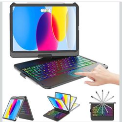 wireless Bluetooth keyboard case packaging for a tablet, featuring a 360-degree rotating pink folio design