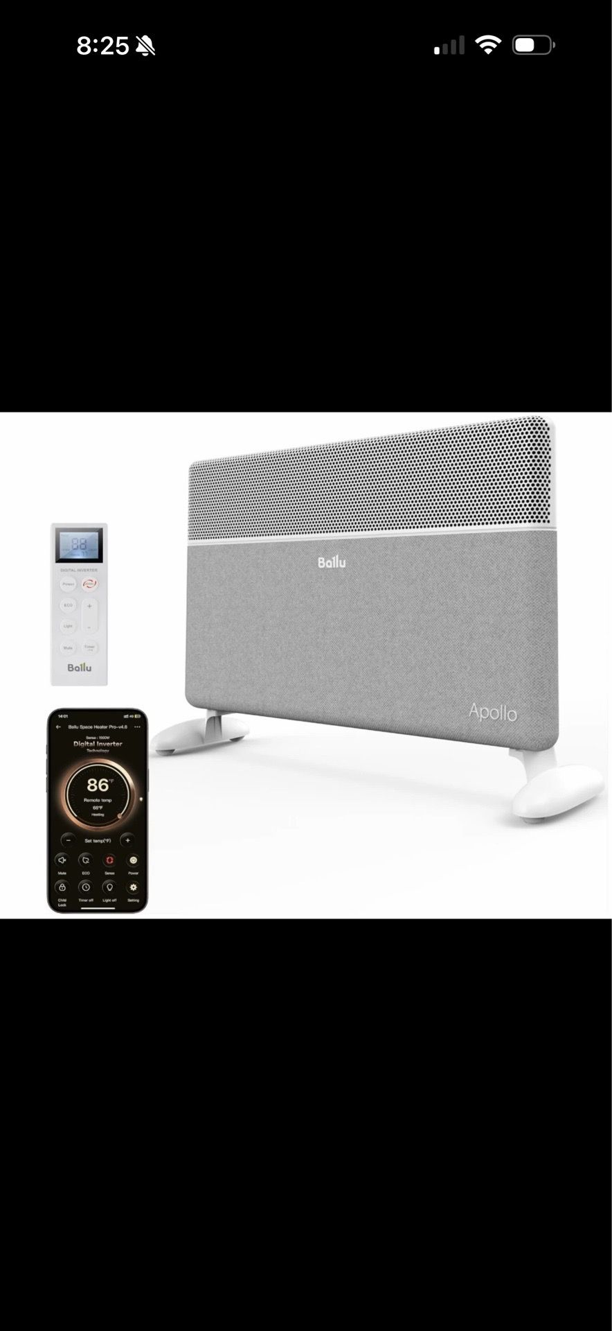Ballu Convection Panel Smart Space Heater for Large Room with Remote in White