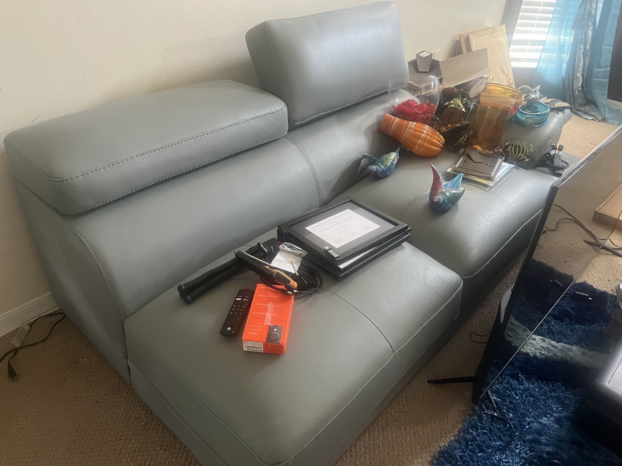 Leather Light Blue/gray  Couch 