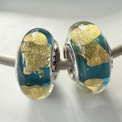 2 Charms For Pandora Ocean Sand Murano Charms 925 Sterling Silver Cores