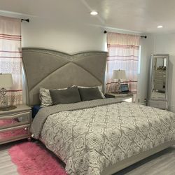 Bed Frame, 6 Drawer Vanity, 2 Nightstands, And King Mattress 